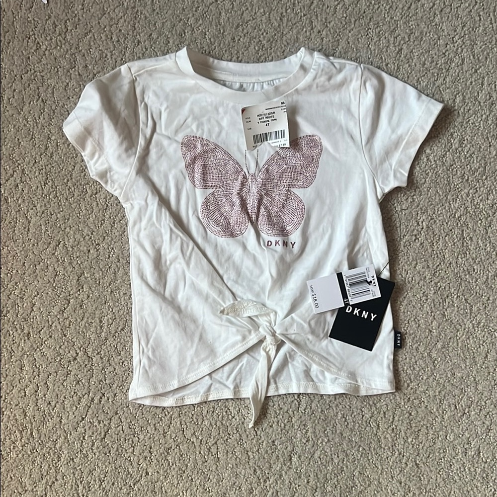 DKNY White and Pink Short Sleeve Tee with Heart Graphic